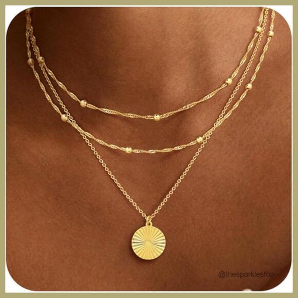 Jewelry - 14K Gold Plated Layered Choker Necklace with Pearl Beads and Disc Pendant